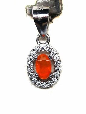 Amazing Natural Orange Fire Opal 5x3mm with Zircon Halo Pendant Necklace 18”
